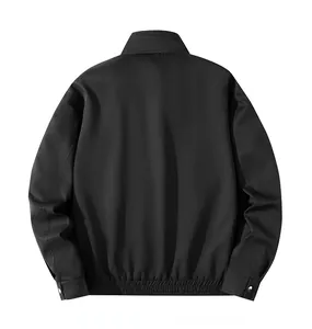 Full back view of a black bomber jacket with elastic hem and metal snap cuffs details