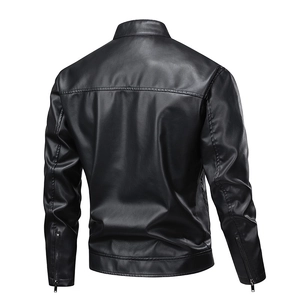 Men's retro black stand collar faux leather biker jacket with zip cuffs and back stitch detail