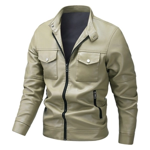Men's slim fit PU leather motorcycle jacket with stand collar and chest pockets in khaki