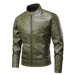 Men's olive green faux leather moto jacket with stand collar and geometric quilting