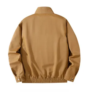 Back view of khaki military jacket with stand collar and adjustable elastic hem detail