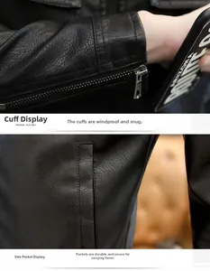 Détails de la veste en cuir noir avec poignets zippés en métal et poches latérales