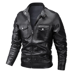 Slim fit men's black faux leather motorcycle jacket with stand collar and zipper pockets