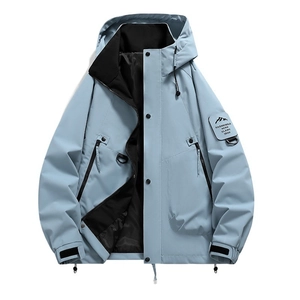 Men's outdoor hooded jacket in light blue with tactical patches and adjustable cuffs