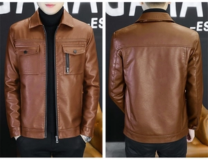 Detail view of brown faux leather jacket featuring lapel collar and chest pockets