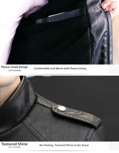 Détail de la veste en cuir pour homme montrant la doublure polaire et l'épaulette