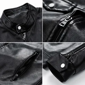 Slim fit black leather jacket for men featuring detailed metallic zippers and stand collar