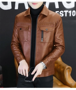 Detail of brown faux leather jacket with zip closure and chest pockets for men