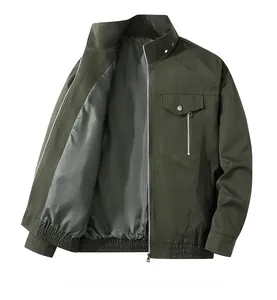 Detail of military green cargo jacket featuring multiple pockets and ribbed cuffs