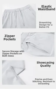 Detail of elastic waistband with drawstring, zipper pocket, and stitching on gray pants
