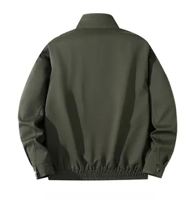 Rear view of deep olive green stand collar jacket with ribbed hem and buttoned cuffs