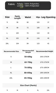Size guide table for casual cargo pants showing measurements and polyester fabric details