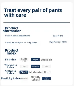 Detail view of nylon-spandex fabric specs and size range for men's athletic pants