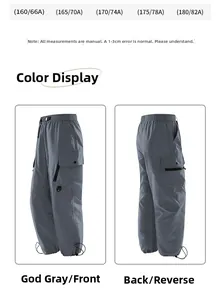 Front and back view of gray cargo pants with side pockets and adjustable drawstring hem