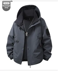 Close-up of moon shadow grey hooded jacket featuring adjustable cuffs and tactical pockets
