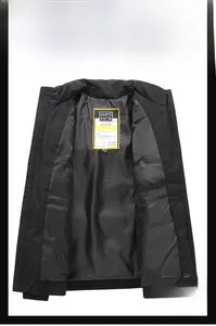Detail view of black winter jacket interior showing smooth lining and inner pocket