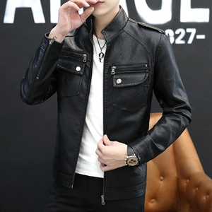 Veste en Cuir PU Coupe Cintrée pour Hommes Col Montant Manteau de Motard Avec Épaulettes Poches Zippées Vêtements d'Extérieur Pour Jeunes Hommes Automne Hiver
