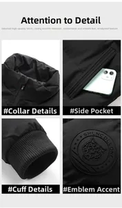 Detail of windproof ribbed cuffs and tiger crest patch on men's winter padded jacket