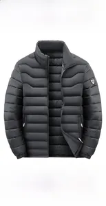 Men's black quilted jacket with stand collar, arm logo and fit options from slim to loose