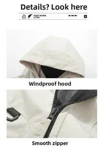 Detail of outdoor hooded jacket featuring windproof hood design and smooth zipper closure