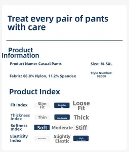 Größentabelle und Materialdetails für hoch dehnbare Sporthosen aus Nylon, Größe M-5XL