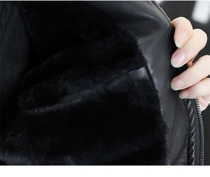 Detail of men's leather jacket showing soft faux fur lining and premium metal zipper
