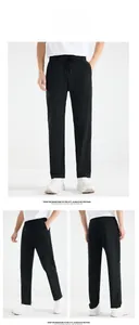 Detail view of black straight-leg ice silk sports trousers with adjustable drawstring waist