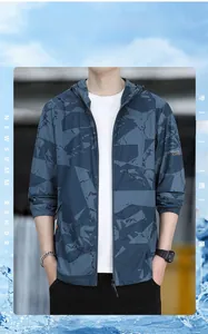 Detail of blue camo sun protection jacket with elastic cuffs and zipper closure