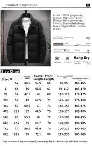 Men's winter jacket size chart showing M to 8XL dimensions and polyester fabric details