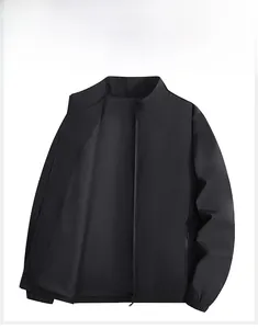 Close-up of a men's black stand collar jacket with smooth texture and zipper detail