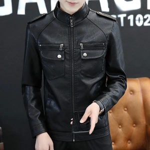 Veste motard homme en cuir PU noir coupe ajustée avec col montant et épaulettes