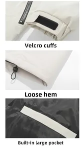 Detail view of adjustable velcro cuffs, drawstring hem and large internal jacket pocket