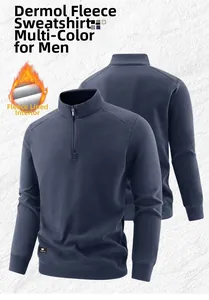 Detail of navy fleece sweatshirt showing high-density thermal lining and half-zip collar