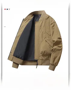 Detail of khaki men's flight jacket showing ribbed baseball collar and zippered pocket