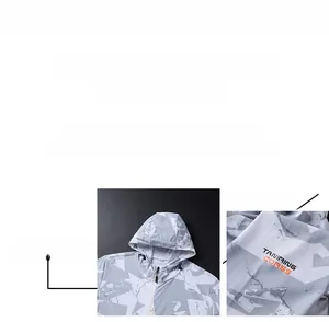 Detail of summer hooded sun protection jacket with grey camouflage pattern and zip