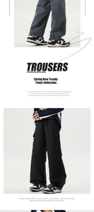 Close-up of adjustable elastic waistband and functional cargo pockets on spring trousers