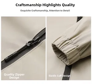 Detail of high-quality smooth zipper and elastic ribbed cuffs on beige casual jacket