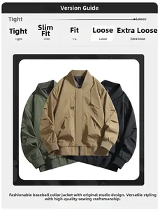 Three men's bomber jackets in khaki, green, and black with ribbed collar and zip detail