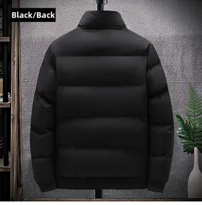 Rear view of black padded winter jacket with stand-up collar and ribbed cuffs