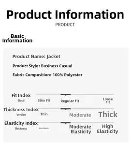 Detailed chart showing 100% polyester fabric material and casual business jacket specifications