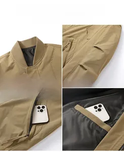 Detailed views of men's khaki bomber jacket featuring ribbed collar and sleeve zipper pocket
