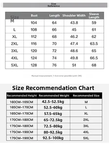 Detailed size chart for men's casual baseball jacket showing M to 5XL measurements