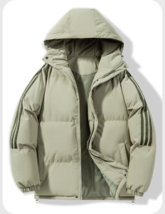 Close-up of padded hooded jacket showing light green fabric and three-stripe sleeve detail