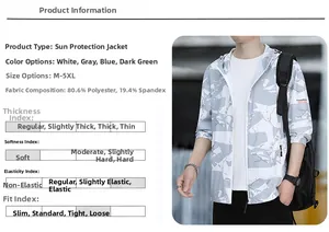Detailed fabric specs and size chart next to a model in a camo sun protection jacket