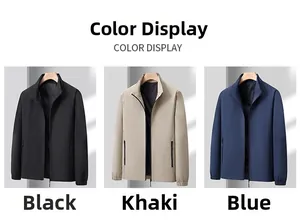 Three-color display of stand-up collar jackets in black, khaki, and blue for men