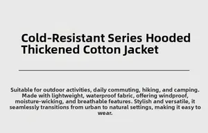 Detail view of hooded winter jacket showing waterproof fabric and thick insulation features