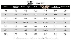Detailed size chart for men's sun protection clothing with measurements from M to 5XL