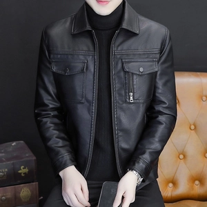 Men's black faux leather biker jacket with lapel collar and multiple pockets on dark background