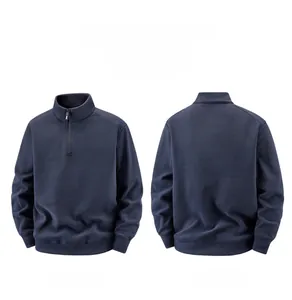 Front and back views of navy blue half-zip fleece sweatshirt with stand collar