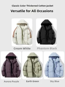 Detail view of hooded winter puffer jackets in five colors featuring classic triple stripes